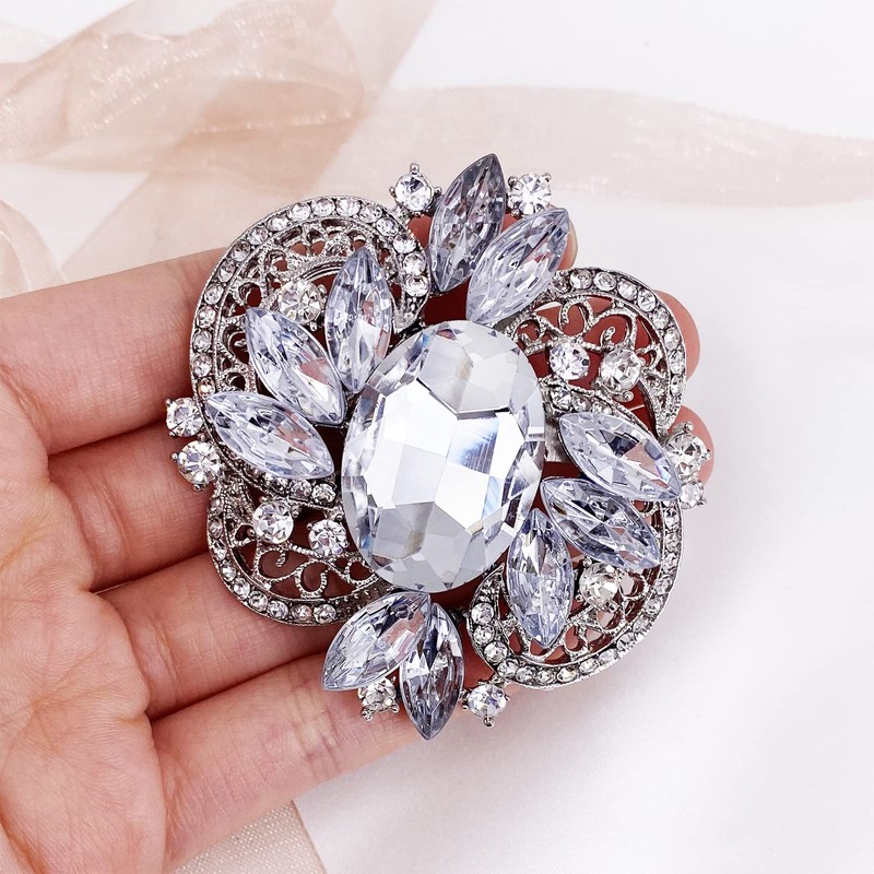 LAXPICOL Broche grande de flores de cristal transparente brillante para