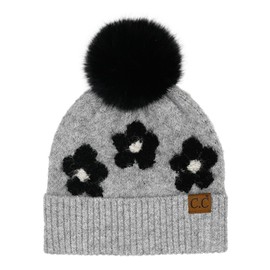 C.C Daisy Pattern Beanie with Pom for Women - Recycled Yarn Stretchable Soft Warm with Faux Fur Pom Knit Winter Skully Hat
