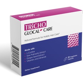 GlocalCare Tricho - Suplemento Para El Crecimiento Del Cabello, Bloqueador De Dht Con Palma Enana Americana, 5000 Mcg De Biotina Y L-Cisteína - Revitaliza El Cabello Debilitado, Estimula Los Folículos