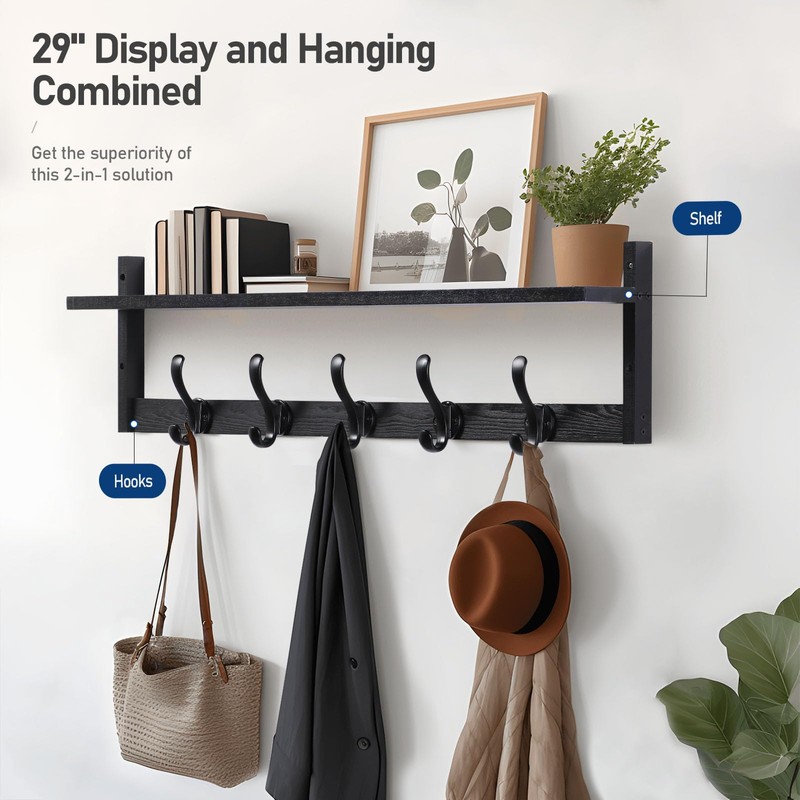 Tatub 29'' Coat Rack Wall Mount with Shelf, Wood Wall