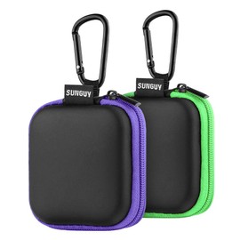 Sunguy 2-Pack Earbuds Case, Portable Small Earbud Carrying Case Storage Bag with Carabiner Clip for Earphones, Earpieces, SD Memory Card, Camera Chips - Green+Purple
