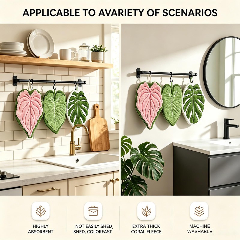 HJUHBDJ 3-Pack Leaf Shaped Hanging Kitchen Towels, Cute Coral Fleece