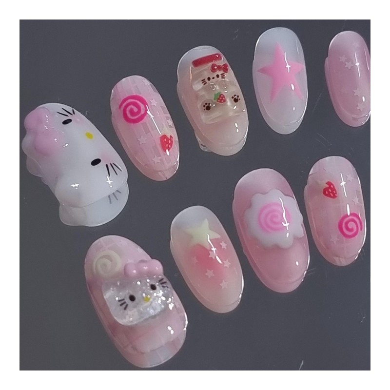 Strawberry Cozy Cat's Homemade Nail Tips - Long Ballerina /