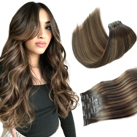 Seamless Clip in Hair Extensions Human Hair, Caramel Blonde Balayage Blonde Hair Extensions Real Human Hair Clip in Extensions, 7pcs 100G 14 Inch, Clip in Hair Extensions Real Human Hair for Women