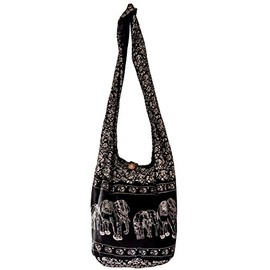 CCcollections Sling Bag Baumwolle – Große Boho Hippie Hobo Handtasche – 40 Drucke – Unisex Umhängetasche (Black ELEPHANT)
