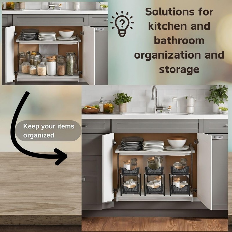 IBERG Under Sink Organizer, 2-Tier Mesh Metal Sliding Storage Basket,