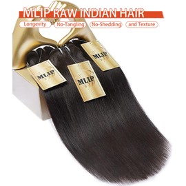 mlip Raw Bundles Human Hair Straight, No Tangle Shedding, Keep Texture Silky Soft After Multiple Washes, 15A Raw Indian Hair Bundles 10 12 14 Inches, Triple Lifespan 3X