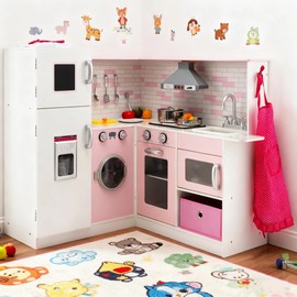 Costzon Kids Corner Play Kitchen, Wooden Pretend Play Kitchen w/Realistic Light & Sound, Washing Machine, Microwave, Ice Maker, Oven & Stove, Little Chef Pretend Toy Kitchen for Boys & Girls