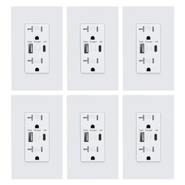 3GRACE USB Wall Outlet, USB Charger Outlets Receptacles with 4.2A USB C Ports, 20 Amp Duplex Tamper Resistant Receptacle Plug with USB Electrical Outlet, Wall Plate Included, ETL Listed，White, 6 Pack