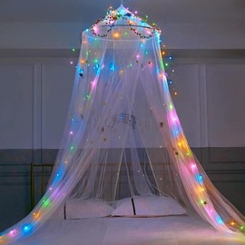 Bed Canopy for Girls Room Bed Canopy Curtains with Led Lights Mosquito Net DIY Princess Room Decor with Stars Butterflies for  Bedroom, White - Color: White
