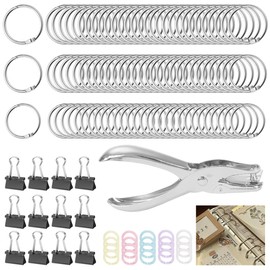 LXBCTOP 110 PCS Binder Rings, 20 25 30 MM Loose Leaf Binding Ring, Metal Rings with 1 Hole Punch 12 Foldback Clips, Metal Ring Binders for Flashcards Keyring Index Cards Cue Cards Scrapbook Album