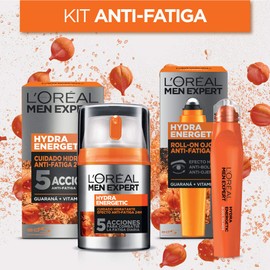 L'Oréal Paris Men Expert Kit Hydra Energetic Crema para Hombre y Roll-on Anti Ojeras con Extracto de Vitamina C y Guarana
