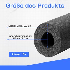 ASOFTY Rohrisolierung Schaumstoff, 1.8M Schalldämmung Isolierschlauch, Kautschuk Rohrisolierung, Schwarz Schaumstoff Rohrschale für Heizungsrohr, Wasserrohre, Klimarohre (Schwarz, 28mmx9mm)