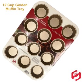 SUL Non Stick Muffin Trays Baking Moulds, Cupcake Tray for Yorkshire Pudding Tray, Cup Cakes, Muffin Tin Mince Pie Baking Tray Sweet Treats Dishwasher Safe (12 Cup Gold Tray)