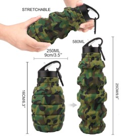 PenghaiYunfei Collapsible Travel Water Bottle19.6 oz, Reuseable Silicone Foldable Water Bottles for Gym Camping Hiking, Portable Leak Proof Sports Water Bottle with Carabiner (Army green camouflage)