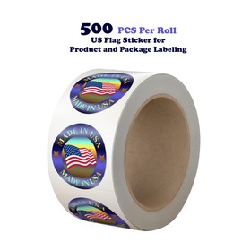 "Made in USA" Hologram Flag Labels 1-Inch Round American Flag Stickers, 2 Colors (Blue and Red) Glossy Silver Metalized, 500 PCS Per Roll US Flag Sticker for Product and Package Labeling (1 Roll)