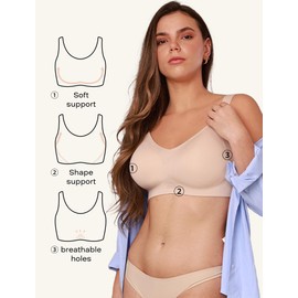 COMFELIE Seamless Wireless Bra for Women – Full Coverage V-Neck, Supportive Wirefree Bra, Breathable & Comfortable with Adjustable Straps for Large Busts, Underarm & Back Smoothing Nude