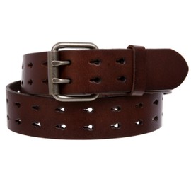 Snap On Double Prong Two Row Cut-out Holes Perforated Full Grain Leather Jean Belt, Brown | s-30"