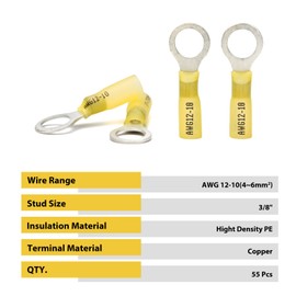 Sanuke 55Pcs 12-10 AWG - 3/8" Heat Shrink Ring Terminals 1.0mm Tinned Pure-Copper Marine Grade Waterproof Heat Shrink Wire Connectors Yellow