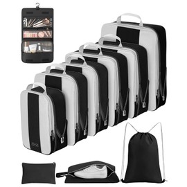 OlarHike 10 Set Compression Packing Cubes for Travel,Compressible Expandable Packing Cubes for Suitcase,Luggage Organizer Bags for Travel Essentials,Travel Accessories for Family Vacations(Black)