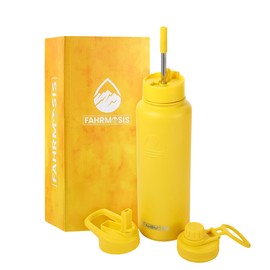 FAHRMOSIS 40 OZ Water Bottle with Straw | Insulated Water Bottle Water Jug Includes 3 Lids Water Bottles | Stainless Steel Water Bottle for Men & Women - Yellow