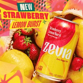 Zevia Zero Sugar Soda, Strawberry Lemon Burst, 12 oz Cans (8-Pack) – Naturally Sweetened, Zero Calorie Sugar Free Soda - Non-GMO Project Verified, Gluten-Free, Vegan
