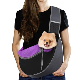 Pawaboo Dog Sling Carrier, Hand Free Breathable Mesh Bag for Puppy Cat, Drawstring Dog Papoose with Adjustable Strap and Pocket, Crossbody Satchel Dogs Purse for Outdoor Travel, L, Deep Purple