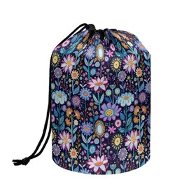 Poceacles Barrel Drawstring Makeup Bag for Women Large Travel Cosmetic Case Portable Toiletry Bag Organizer Storage Bag, Hippie Flower Lotus Blue, One Size
