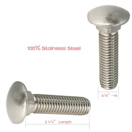 3/8"-16 X 2-1/4" (10pc) Stainless Carriage Bolt, 18-8 Stainless Steel Full Thread Coverage,Carriage Bolt,by SANTIE