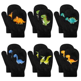 QKURT Toddler Knitted Mittens, 6 Pairs Children's Dinosaur Winter Mittens for Age 2-5, Baby Stretch Mittens, Children's Magic Gloves, Winter Warm Soft Mittens for Small Boys, black