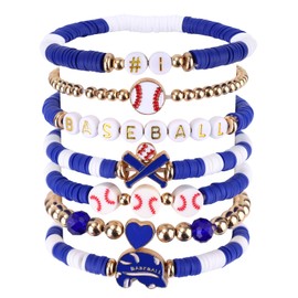 Mikovivi 7 Pcs Baseball Bracelets, Baseball Charm Wristbands Stackable Preppy Friendship Sport Bracelets Softball Jewelry Accessories for Team Gifts Party Favors (Blue, White)