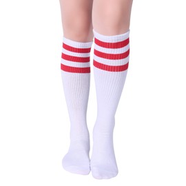 Pareberry Classical Triple Stripes Soft Cotton Over-the-Calf Retro Tube Socks (A-Pair(Red/White))