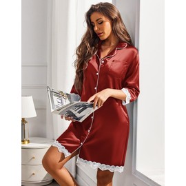Ekouaer Satin Nightgowns for Women Button Down Sleepshirt 3/4 Sleeve Nightshirts Boyfriend Sleepwear Wine Red M