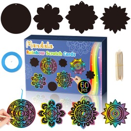 BeYumi 60Pcs Mandala Scratch Cards Gift Set for Kids DIY Magic Rainbow Scratch Off Paper Art Hanging Ornaments Craft Kit School Classroom Activity Art Project Supplies Birthday Party Favors Home Decor