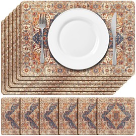 Bucherry 6 Sets Boho Cork Placemats 16 x 12 Inch Heat Cork Backed Placemat and 6 Coasters Retro Backing Autumn Table Mats Square Coasters for Rustic Kitchen Dinner Table Setting Supplies(Orange)