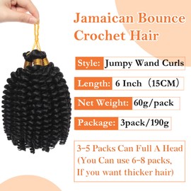 S-noilite Jamaican Bounce Crochet Hair 6 inch,Jumpy Wand Curls Short Pre Looped Curly Crochet Braids Hair-Extension Synthetic for Black Women,3 pack 180g,Dark Black