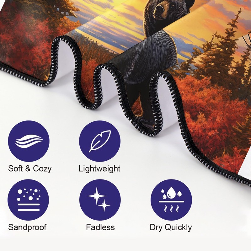 YISUMEI Microfibre Beach Towel Printed with Black Bear, Soft, Lightweight,