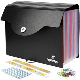 File Organiser, 26 Folders for Paperwork A4 with Clips, Unique Design, 34 x 25 x 4 cm Quality PP Document Organiser, Flap & Elastic Cord Closure Comes with Labels, Tags & Sticker Card
