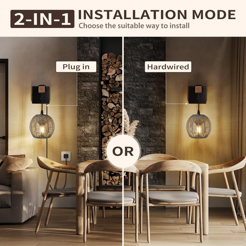 HYMELA N01 100% Dimmer Wall Sconce with Hand Woven Rattan