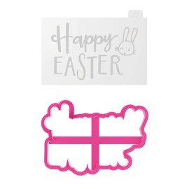 LissieLou Happy Easter Style 2 with Rabbit Cookie Cutter and Embosser Easter Icing Stamp Fondant Embosser - Light Pink/Clear