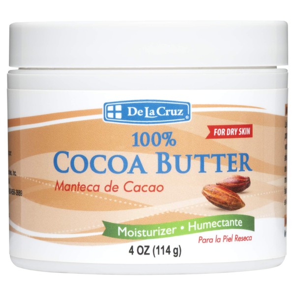 De La Cruz Cocoa Butter - 100% Pure and Natural Cocoa Butter For Dry, Rough Skin - All Natural Hydrating Moisturizer, (Jar - 1 Count, 4 Ounce)