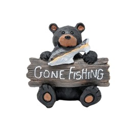 Gone Fishing Bear Figurine – Resin Bear Holding “Gone Fishing” Sign with Fish in Mouth – Rustic Woodland Cabin Lake House Decor, Nature-Inspired Accent, Ideal Gift for Outdoor Lovers & Fishermen