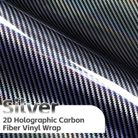 Lypumso 2D Holographic Carbon Fiber Vinyl Wrap, High Gloss Silver Rainbow Chrome Wrapping Vinyl Film with Air Release Technology Auto DIY Paint Replacement Wrap Roll 1ft x 5ft