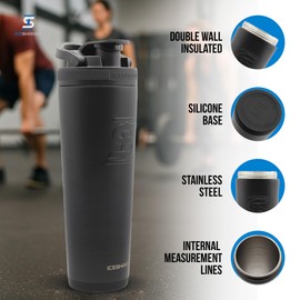 Ice Shaker Insulated Stainless Steel Shaker Bottle | 32oz, Black | Cold for 30+ Hours | Insulated Cup with Twist-on Agitator | Odor-Free Bottle for Protein Shakes, Water, Smoothies, Cocktails