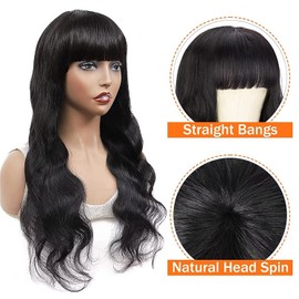 Human Hair Wigs for Black Women Body Wave Wig with Bangs Long Black Wigs Brazilian Hair Curly Wig Glueless Human Hair for Daily Party Use - Natural Black 22 Inches