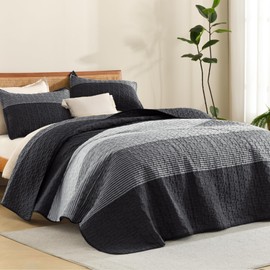 Litanika California King Quilt Set Black White Grey - Cal King Oversized Stripe Comforter Gray Bedspreads & Coverlets - Soft Lightweight Quilted Bedding Set for All Season(1 Quilt, 2 Pillowcases)