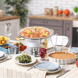 SEGAWE 6 Pack 5QT Round Chafing Dish Buffet Set Food Warmer Chafer w/Glass Lid Gold Leg