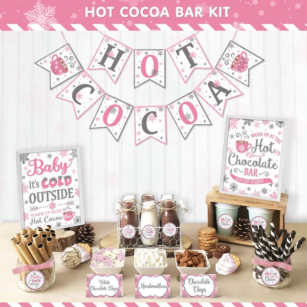 Hot Cocoa Bar Kit Pink Silver Snowflake Hot Cocoa Banner Bar Sign Hot Chocolate Toppings Labels Cup Tags Stickers for Winter Wonderland Baby Shower Baby It's Cold Outside Decorations Frozen Party Birthday Christmas Holiday New Year Party Supplies