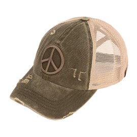 C.C Ponycap Messy High Bun Ponytail Adjustable Mesh Trucker Baseball Cap Hat, Peace Sign Dark Olive