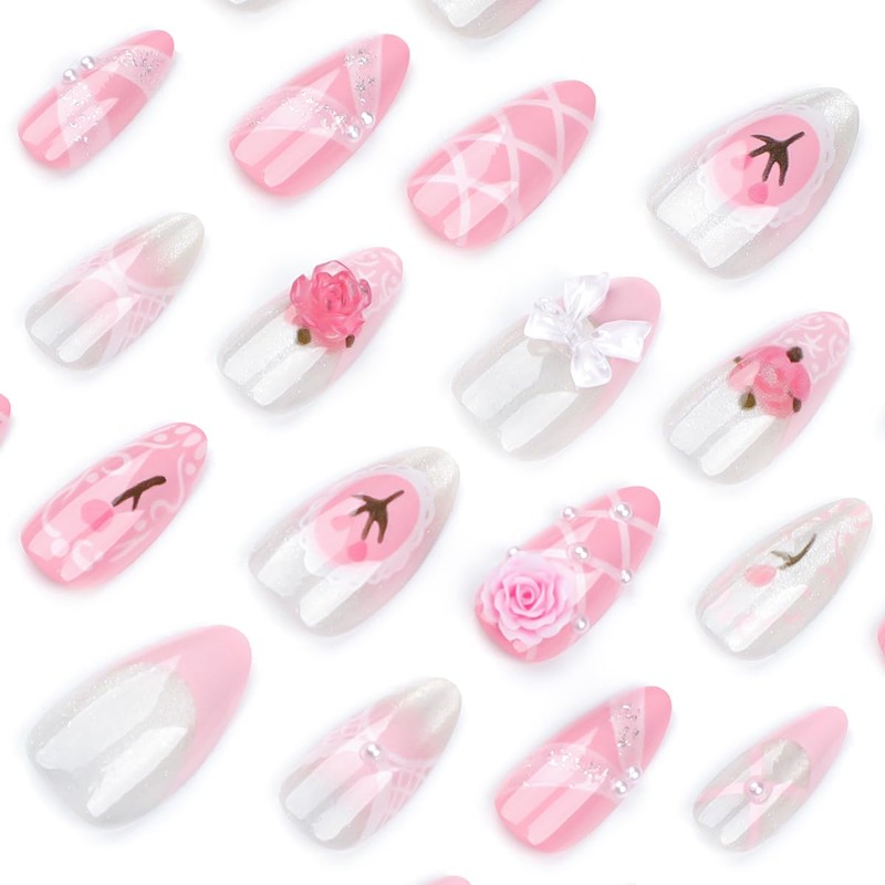 24 Pcs Spring Pink Press On Nails Short Almond,YEFIUO Summer